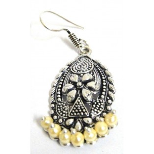 Silver Oxidized Oval Floral Earring - Hook Dangle Drop Long Tribal - Cream Beads